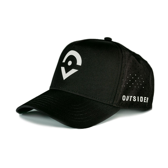 Stretchy black hat with white Outsider logo on the front panel made from Cotton and Spandex blend.