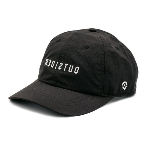 Black stretch nylon hat with white embroidered backwards Outsider logo on the front