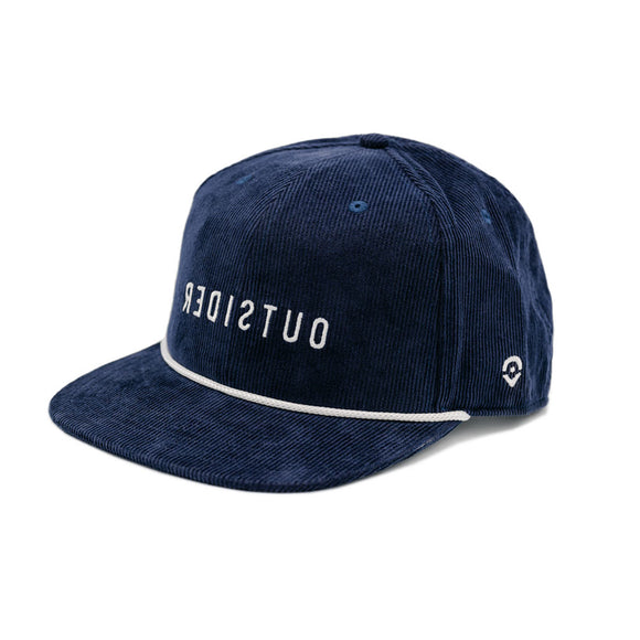 Navy Blue Corduroy flat brim hat with white embroidered Outsider logo on the front