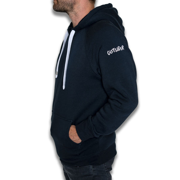 Outsider Sider Hoodie Unisex Hooded Sweatshirt in Navy Blue with White Accents Side View