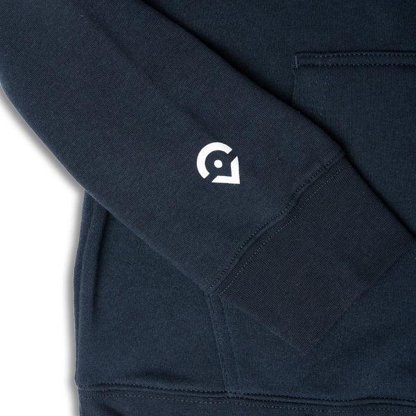 Outsider Sider Hoodie Unisex Hooded Sweatshirt in Navy Blue with White Accents Detail View