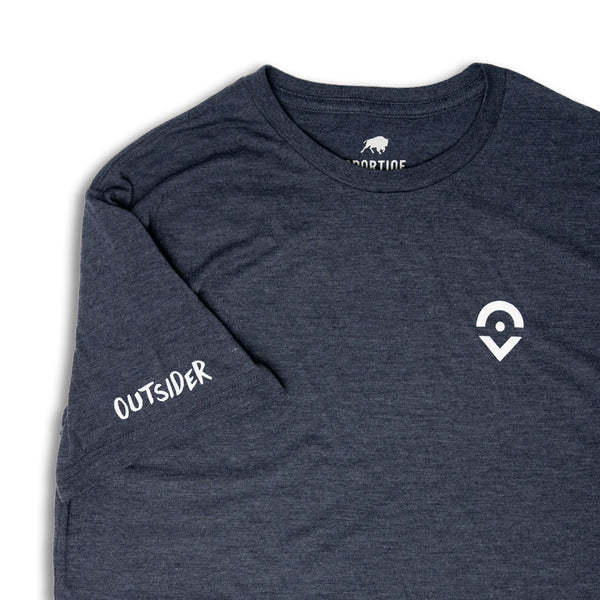 Outsider Location Tee in Dark Blue Marl with White Logo Flatlay