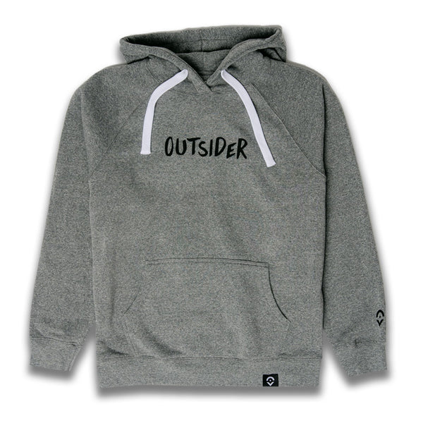 Outsider Signature Hoodie Unisex Hooded Sweatshirt in Light Grey with White and Black Accents Flatlay