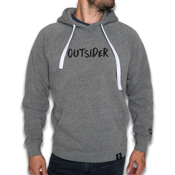 Outsider Signature Hoodie Unisex Hooded Sweatshirt in Light Grey with White and Black Accents modeled on a man