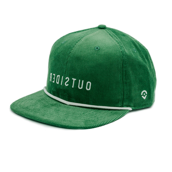 Green Corduroy flat bill hat with white embroidered Outsider logo on the front for men and women