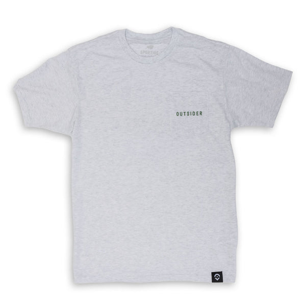 Outsider Pocket Tee in White with Grey Logo Men's Short Sleeve T-Shirt Flatlay