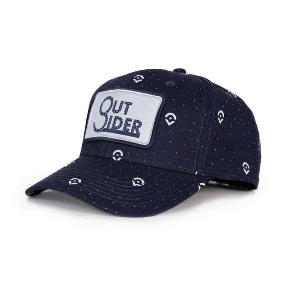 Blue Outsider Logo Hat with White Patch on front and small white dots on this adjustable snapback cap