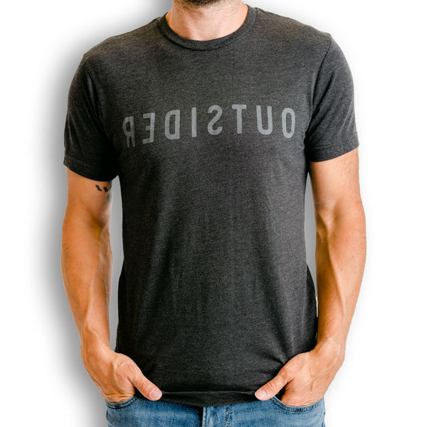 Outsider Backwards Tee Black Logo Men's T-Shirt on male model