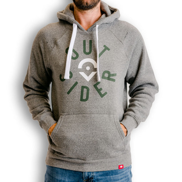 Outsider Camp Hoodie Unisex Hooded Sweatshirt in Light Grey with Green and White Logo modeled on a man