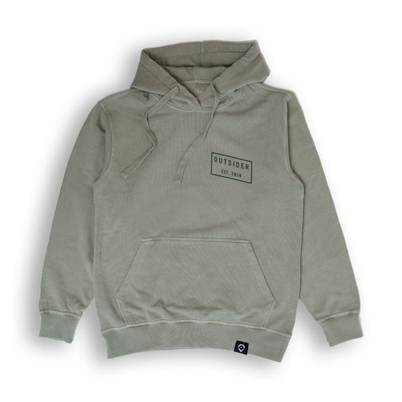 Outsider Tilt Hoodie Unisex Hooded Sweatshirt in Sage Green with Black Logo Flatlay