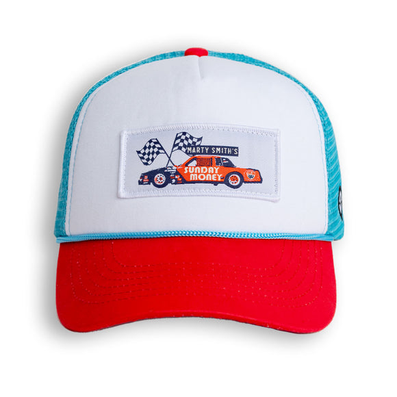 Outsider Marty Smith Sunday Money Mesh Trucker Hat with Red Bill and Light Blue Mesh - Front View