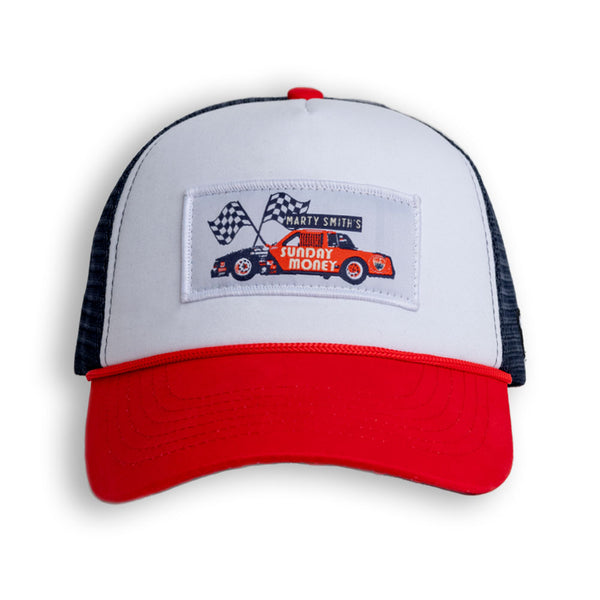 Outsider Marty Smith Sunday Monday Mesh Trucker Hat with Red Bill and Navy Mesh.