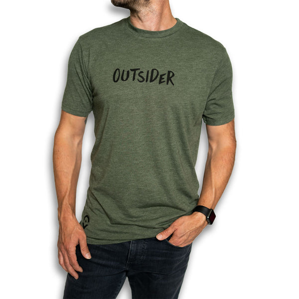 Outsider Signature Tee Men's Short Sleeve T-shirt in Green with Black Logo male model