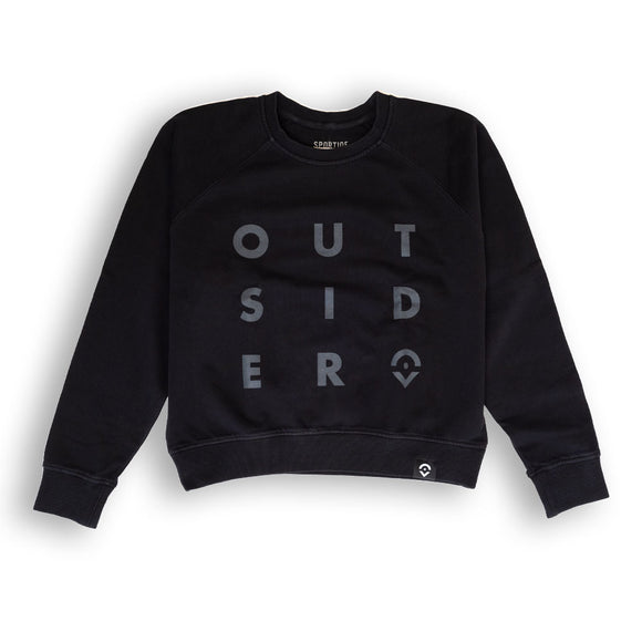 Outsider Women's Quad Crew Neck Sweatshirt in Black with Grey Logo Flatlay